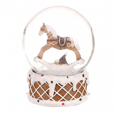 Sněžítko s houpacím koníkem - polyresin, hnědý s bílým zdobením