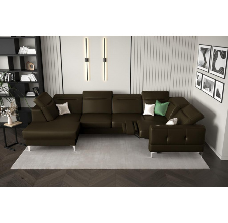Rohová sedací souprava MALIBU MAX II , relax 180x350x182 cm přírodní kůže - Olivově hnědá, Pravá strana