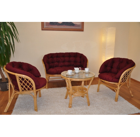 Ratanová sedací souprava Bahama velká medová polstr vínový MAXI Ratanová sedací souprava Bahama velká medová polstr vínový MAXI