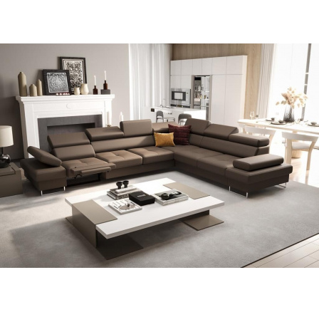 Rohová Kožená sedací souprava s funkcí spaní a relaxace GALAXY MAX 350x280 cm - hnědá , pravá