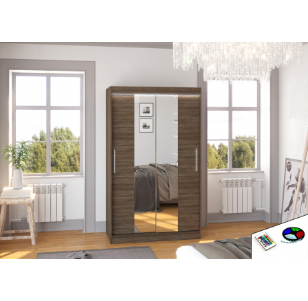 Šatní skříň s posuvnými dveřmi, zrcadlem a LED osvětlením SANTOS 120 Choco+Choco