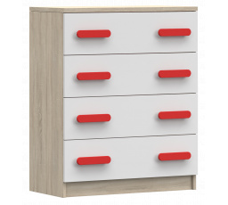 Komoda 4S SMYK III - 02, Dub Sonoma/Bílá/Červená