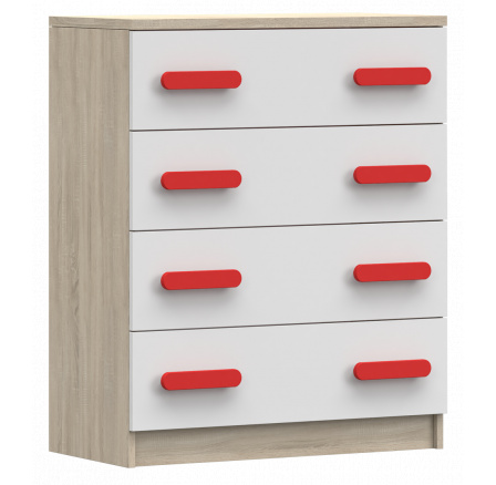Komoda 4S SMYK III - 02, Dub Sonoma/Bílá/Červená