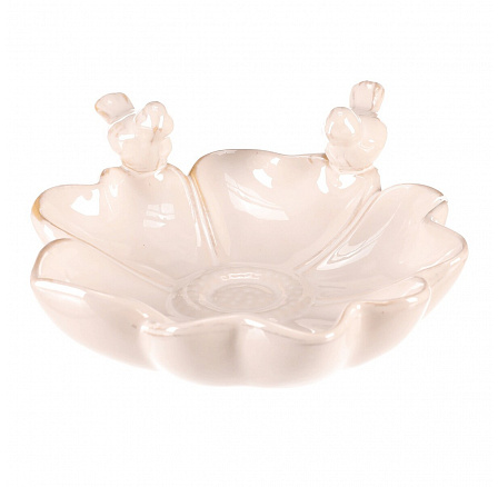 Krmítko/pítko - keramické, květ s ptáčky, krémové