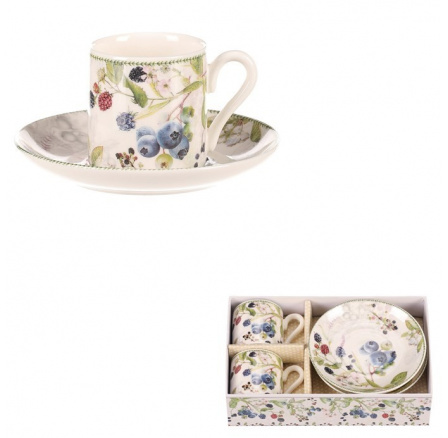 Hrneček s podšálky po 2 kusech - dárkový set, porcelán, bílý s lesními plody