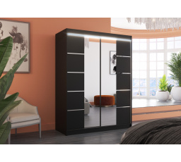 Posuvná skříň se zrcadlem a LED osvětlením NORDIC 150 Černá+Černá