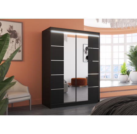 Posuvná skříň se zrcadlem a LED osvětlením NORDIC 150 Černá+Černá