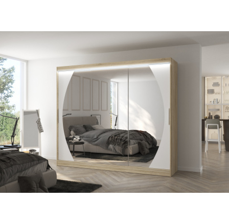 Posuvná skříň se zrcadlem a LED osvětlením CAMBE 250 Sonoma+White