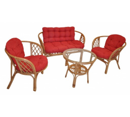 Ratanová sedací souprava Bahama tmavý med velká polstry červený melír