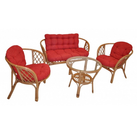 Ratanová sedací souprava Bahama tmavý med velká polstry červený melír