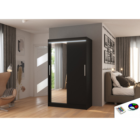 Posuvná skříň se zrcadlem a LED osvětlením BARIO 120 Černá+Černá
