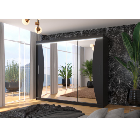 Posuvná skříň se zrcadlem a LED osvětlením DIEGO 250 Černá+Černá