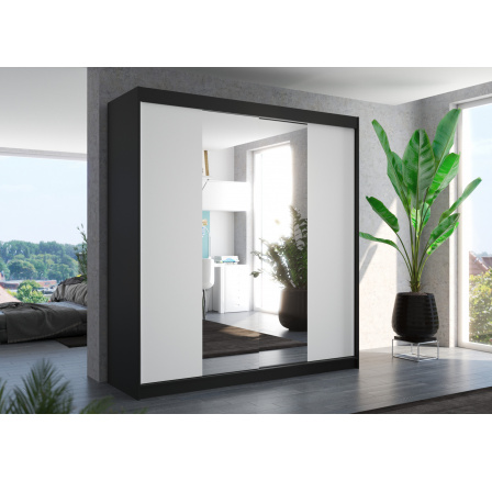 Šatní skříň s posuvnými dveřmi a zrcadlem PERQS 200 Černá+Bílá