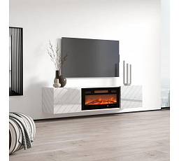 TV komoda LUXE s elektrickým krbem, bílá / bílý lesk
