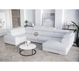 Rohová Kožená sedací souprava s funkcí spaní ROYAL MAX I 210x375x185 - Levá strana, Bílá kůže