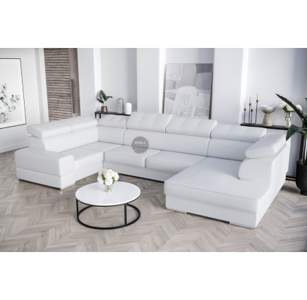 Rohová Kožená sedací souprava s funkcí spaní ROYAL MAX I 210x375x185 - Levá strana, Bílá kůže