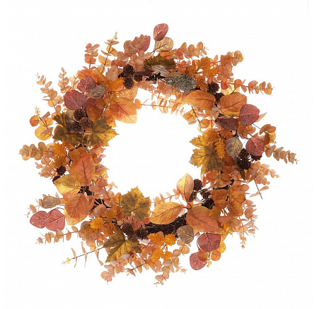Věnec umělý - pr. 60 cm, oranžové  listí a drobné šišky