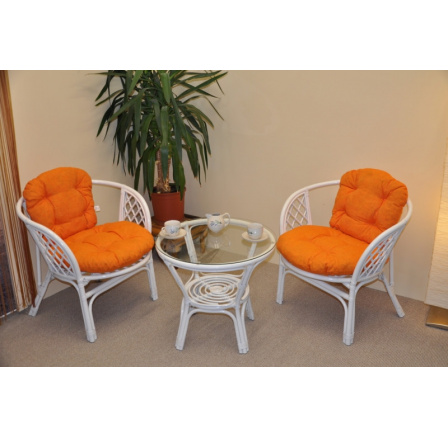 Ratanová sedací souprava Bahama bílá 2+1, polstry oranžový melír Ratanová sedací souprava Bahama bílá 2+1, polstry oranžový melír