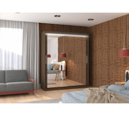 Šatní skříň s posuvnými dveřmi, zrcadlem a LED osvětlením ETTORE 180 Choco+Choco