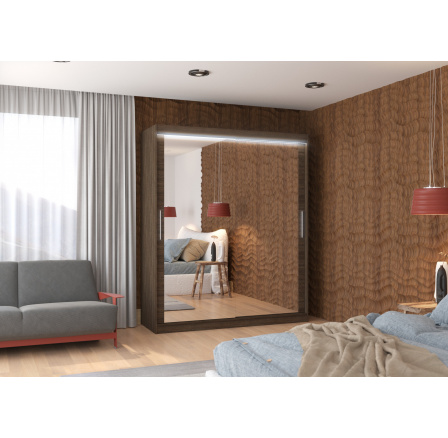 Šatní skříň s posuvnými dveřmi, zrcadlem a LED osvětlením ETTORE 180 Choco+Choco