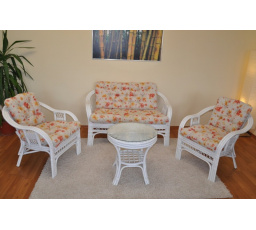 Ratanová sedací souprava Rio De Janeiro bílá polstry motiv květiny 