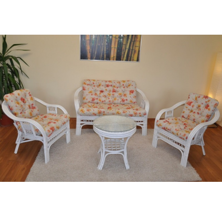 Ratanová sedací souprava Rio De Janeiro bílá polstry motiv květiny Ratanová sedací souprava Rio De Janeiro bílá polstry motiv květiny