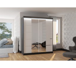 Posuvná skříň se zrcadlem a LED osvětlením TRAVES 180 Černá+Bílá