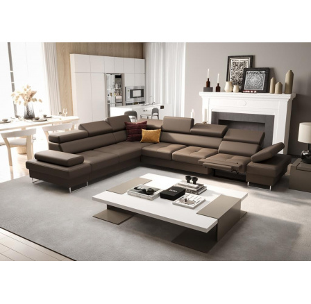 Rohová Kožená sedací souprava s funkcí spaní a relaxace GALAXY MAX 350x280 cm - hnědá , levá
