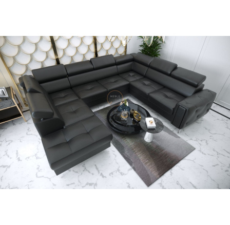 Rohová sedací souprava ORION MAX I s funkcí spaní 225X350X255 cm přírodní kůže - černá kůže, Pravá strana