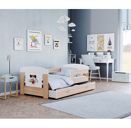 Dětská postel FILIP se šuplíkem bez matrace, 160x80 cm, Bílá/Dub Sonoma/Myška Dětská postel FILIP se šuplíkem bez matrace, 160x80 cm, Bílá/Dub Sonoma/Myška
