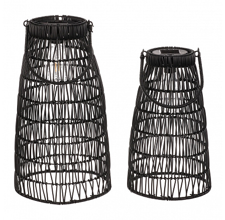 Lucerna - umělý ratan, kónická, LED osvětl., černá, cena za sadu 2 ks