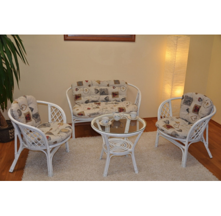 Ratanová sedací souprava Bahama velká bílá, polstry motiv srdce LOVE Ratanová sedací souprava Bahama velká bílá, polstry motiv srdce LOVE