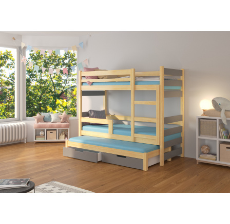 Třílůžková patrová postel s matracemi KARLO Pine+Gray