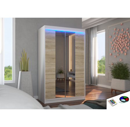 Posuvná skříň se zrcadlem a LED osvětlením MARVIN 120 Bílá+Sonoma