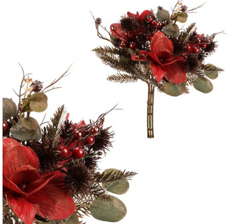 Umělá kytice pozlacená - šišky, bobule, zeleň a červené květy