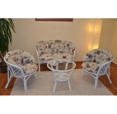 Ratanová sedací souprava Bahama velká bílá, polstry motiv srdce LOVE MAXI Ratanová sedací souprava Bahama velká bílá, polstry motiv srdce LOVE MAXI