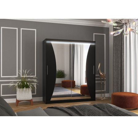Posuvná skříň se zrcadlem a LED osvětlením CHARLOTTE 180 Černá+Černá