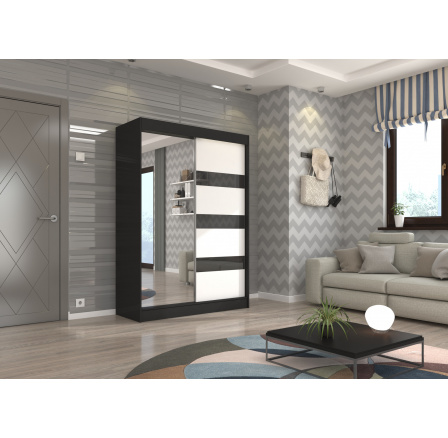 Posuvná skříň se zrcadlem a lacobelem TOURA 150 Černá+Bílá