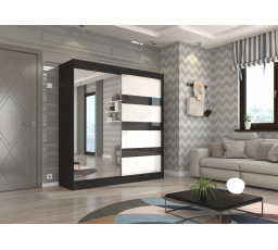 Posuvná skříň se zrcadlem a lacobelem TOURA 200 Černá+Bílá