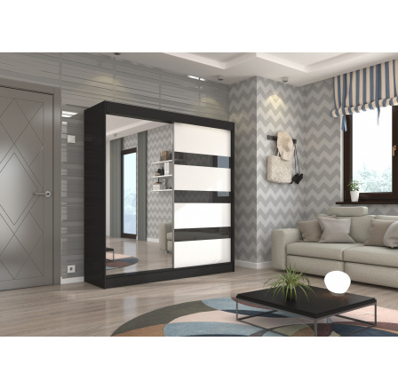 Posuvná skříň se zrcadlem a lacobelem TOURA 200 Černá+Bílá