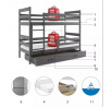 Dětská patrová postel ERYK se šuplíkem 90x200 cm, bez matrace, Grafit/Grafit