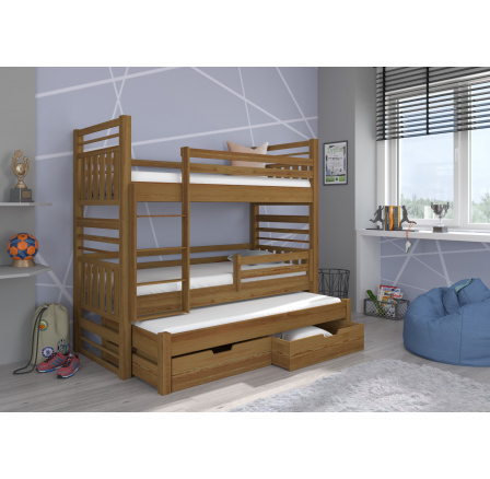 Třílůžková patrová postel s matracemi HIPPO 200x90 Dub