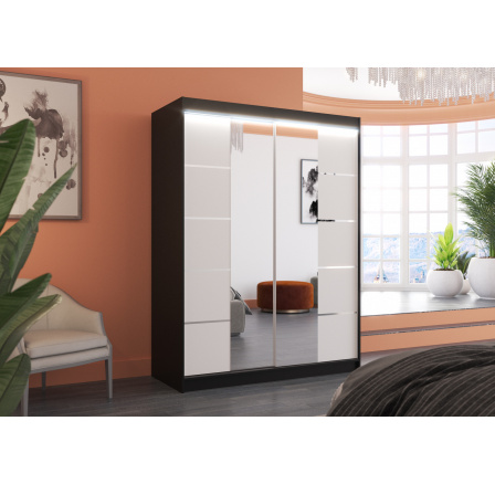 Posuvná skříň se zrcadlem a LED osvětlením NORDIC 150 Černá+Bílá