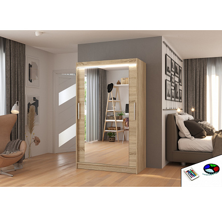 Posuvná skříň se zrcadlem a LED osvětlením TIBAGO 120 Sonoma+Sonoma Posuvná skříň se zrcadlem a LED osvětlením TIBAGO 120 Sonoma+Sonoma