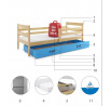 Dětská postel ERYK 90x200 cm se šuplíkem, s matrací, Přírodní/Modrá