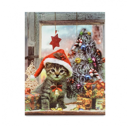 Obraz se stojánkem - LED osvětlení 1 ks, vánoční motiv s kotětem