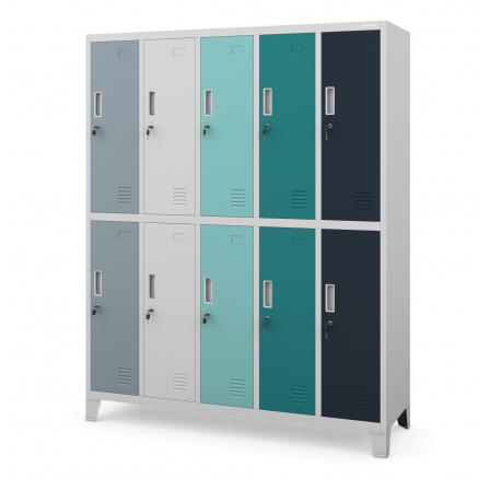Kovová uzamykatelná šatní skříňkas 10 boxy BARTEK, 1360 x 1720 x 450 mm, šedo-vicebarevná