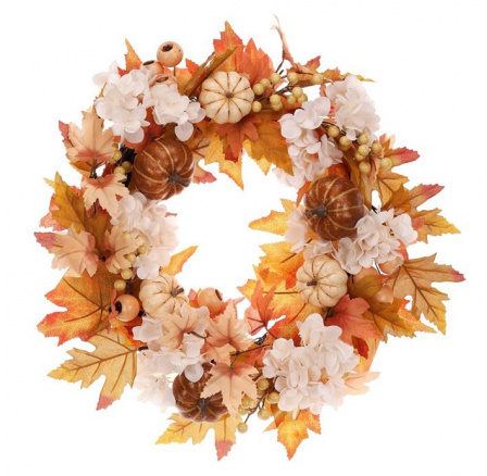 Věnec zdobený - pr. 50 cm, barevné listí, dýně, plody a květy
