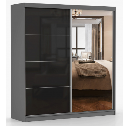 Šatní skříň MULTI 31 - 203 cm, Šedá/Černý Lesk