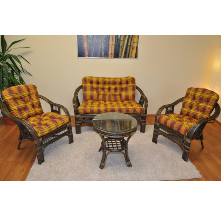 Ratanová sedací souprava Rio De Janeiro hnědá polstry okrová kostka Ratanová sedací souprava Rio De Janeiro hnědá polstry okrová kostka